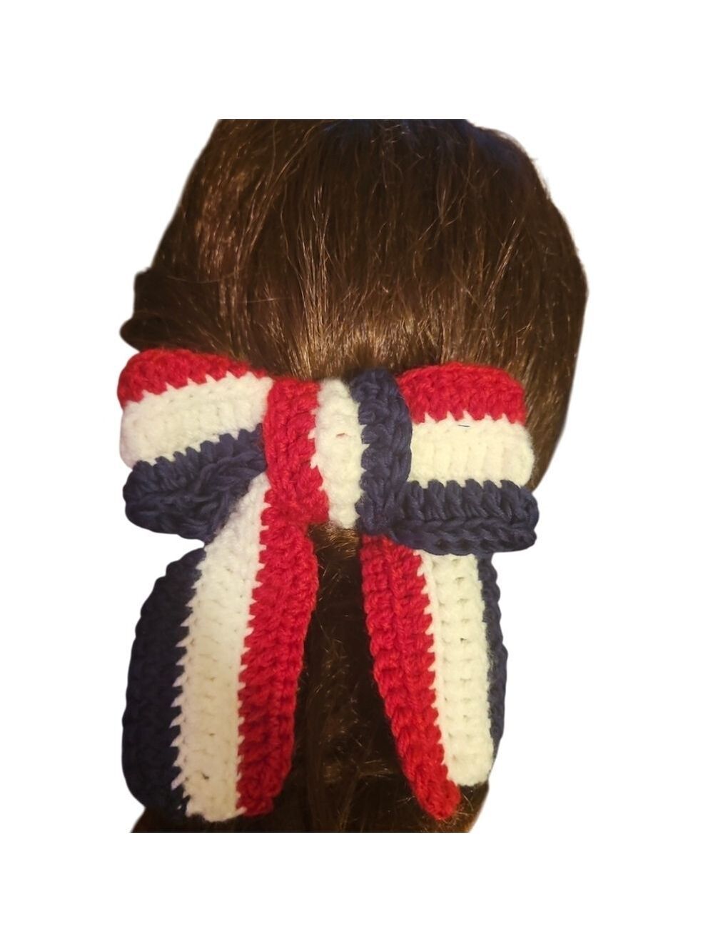 Hand Crafted Patriotic Crochet Bow Handmade Red White Blue Alligator Hair Clip - Picture 7 of 17